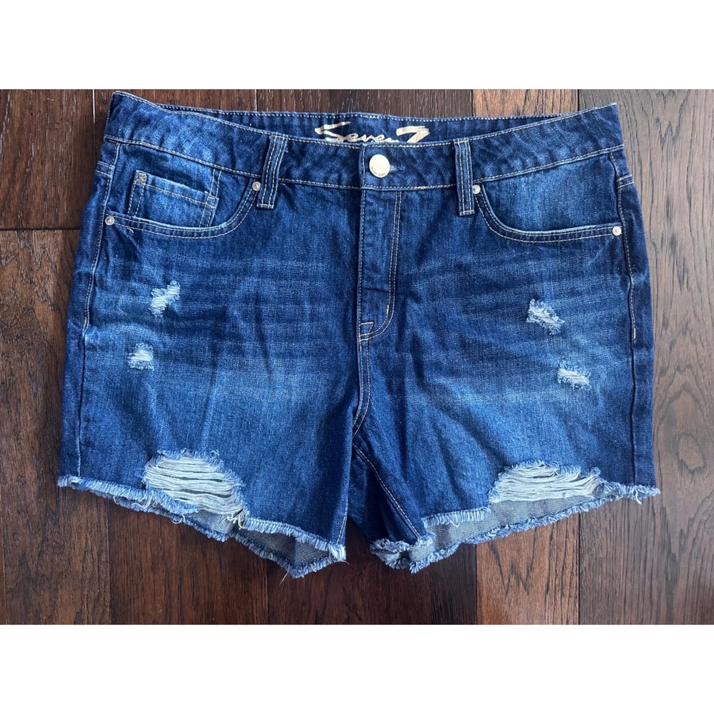 Seven7 Weekend Short Womens 12 Dark Wash Distressed Denim Frayed Hem Jean Shorts